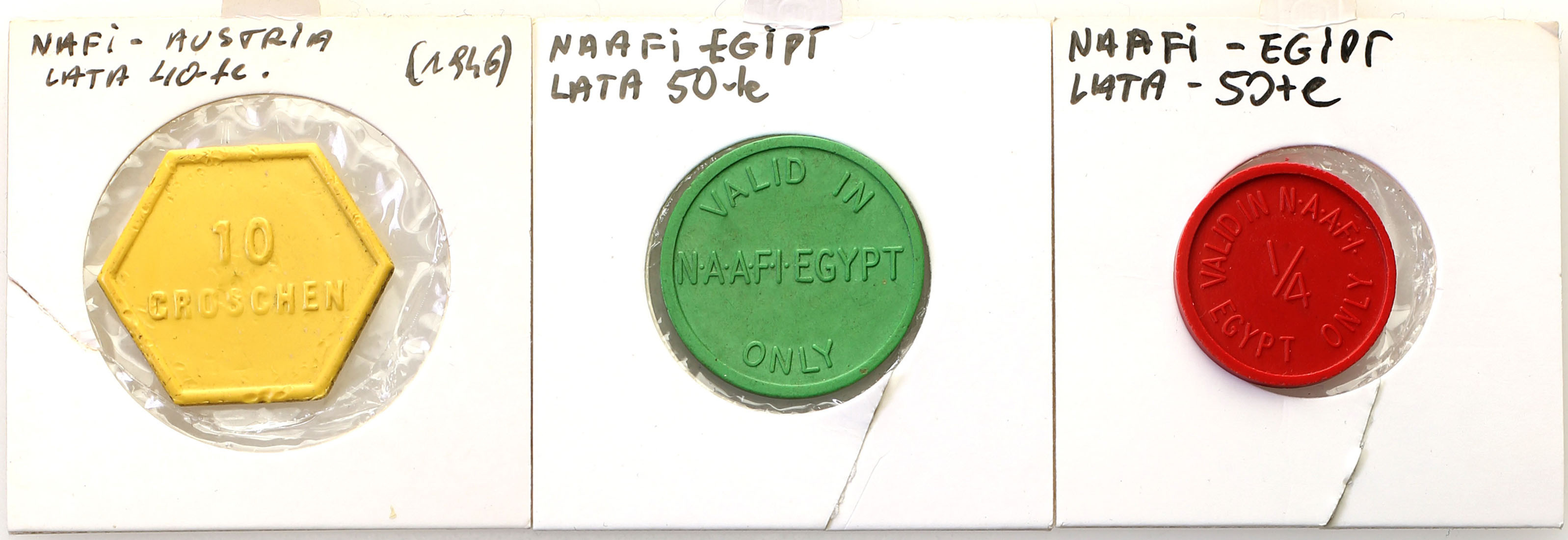 Wielka Brytania. NAFFI - Egipt, Austria, zestaw 3 żetonów